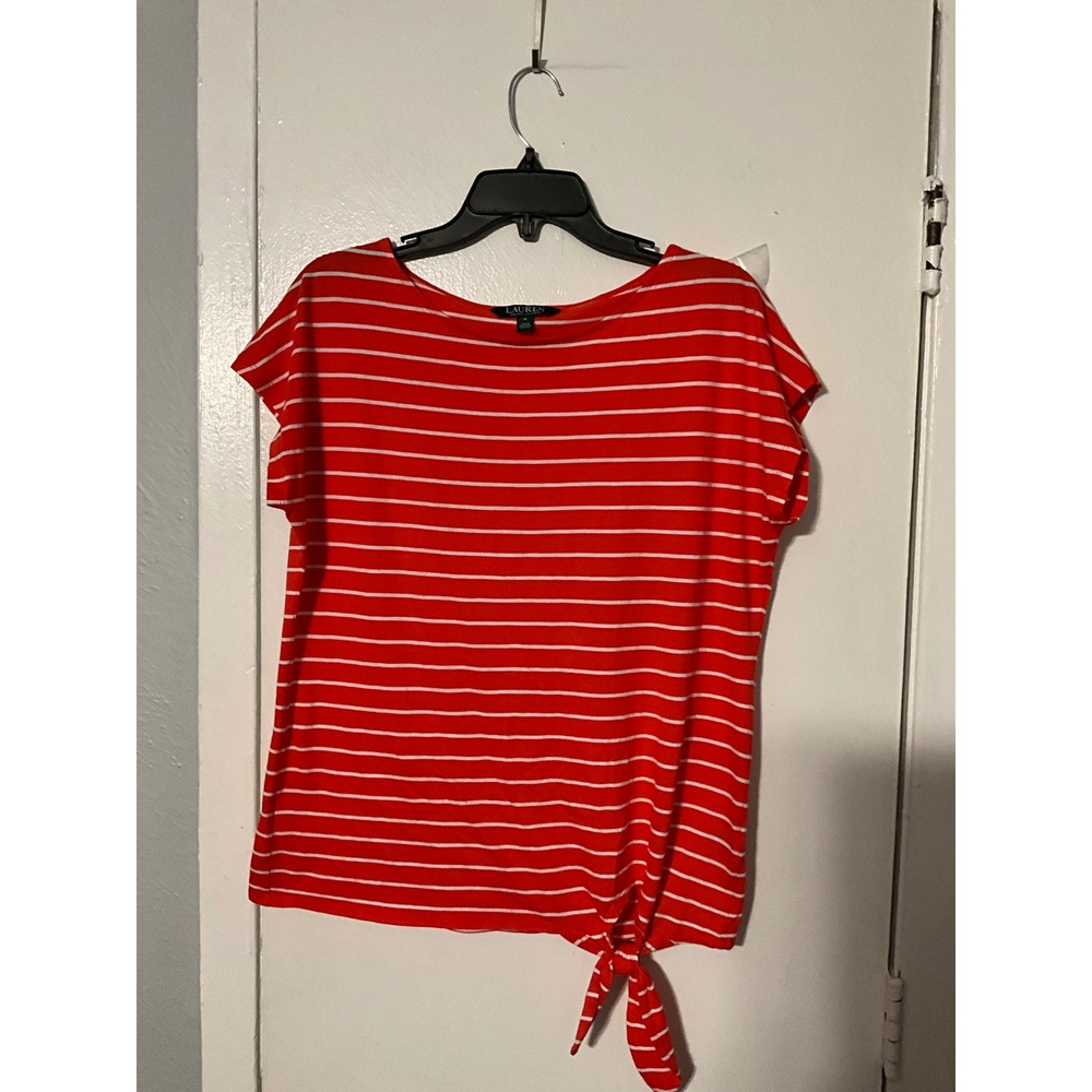 Lauren Ralph Lauren Red White Striped Side Tie Knot Hem Cotton Top M